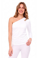 Model wearing the Claude Jersey One-Shoulder Top in White, front view.