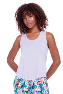 Model wearing the Agnes Bamboo Racerback Tank 2.0 in Lilac, front view.