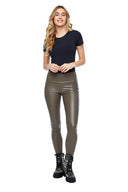 Model wearing the Vicky Faux Leather Pant in Taupe, front view.