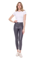 Model wearing the Vicky Faux Leather Pant in Graphite, front view.