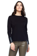 Tallulah Long Sleeve Faux Leather Cuff Top in Black – Front View