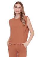 Maylee Solid Vegan Silk Sleeveless Top in Mocha – Front View