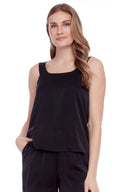Rosalie Solid Satin Tank Top in Black – Front View