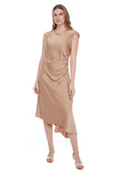Roxy Solid Asymmetric Satin Dress in Champagne – Front View