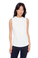 Model wearing the Veronica Belize perle Satin Sleeveless Top in Perle, featuring a high neckline and sleek satin finish, front view.