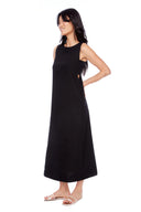 Model wearing the Charlie Black Linen Cutout Maxi Dress, front view.