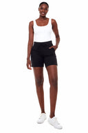 Model wearing the Sophia Solid Jogger Short in Black with a relaxed fit and elastic drawstring waistband.