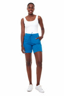 Model wearing the Sophia Solid Jogger Short in Sapphire Blue featuring a relaxed silhouette and lightweight Ponte fabric.