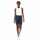 Model wearing the Vicky Waxed Biker Short in Navy, front view.
