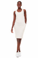 Front view of model wearing the Zandaya French Terry Tank Dress in light oatmeal melange with a sleeveless tank silhouette, scoop neckline, and side pockets.