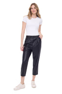 Lucia Faux Leather Cropped Jogger in Black – Front View