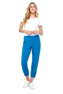 Model wearing the Shauna Light Ponte Jogger Pant in Sapphire blue , front view.