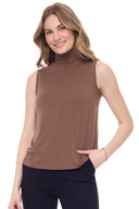 Camel Knit Jersey Sleeveless Turtleneck – Front View