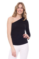 Model wearing the Claude Jersey One-Shoulder Top in Black, front view.