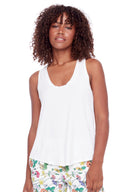 Model wearing the Agnes Bamboo Racerback Tank 2.0 in White, front view.
