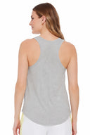 Model wearing the Agnes Bamboo Racerback Tank 2.0 in Light Grey, back view.
