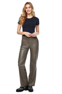 Model wearing the Yaelle Faux Leather Ankle Pant in Taupe, front view.