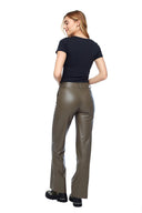 Model wearing the Yaelle Faux Leather Ankle Pant in Taupe, back view.