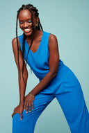 Model wearing the Dani Vegan Silk Sleeveless Top in Cobalt, front view.