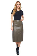 Gal Vegan Soft Leather Pleated Midi Skirt in Taupe – Front View