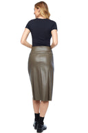 Gal Vegan Soft Leather Pleated Midi Skirt in Taupe – Back View