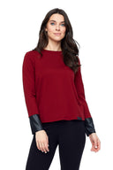 Tallulah Long Sleeve Faux Leather Cuff Top in Cabernet – Front View