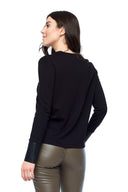 Tallulah Long Sleeve Faux Leather Cuff Top in Black – Back View