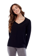 Amber Long Sleeve V-Neck Top in Black – Front View