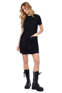 Ariana Faux Suede Shift Dress in Black – Front View