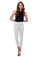 Model wearing the Gwyneth Vienna Plaid Ankle Pant in Vienna Plaid, front view.