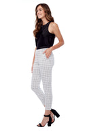 Model wearing the Gwyneth Vienna Plaid Ankle Pant in Vienna Plaid, side view.