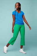 Model wearing the Marilyn V-Neck T-Shirt in cobalt , front view