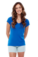 Model wearing the Marilyn V-Neck T-Shirt in Cobalt, front view