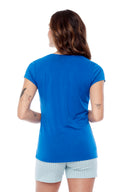 Model wearing the Marilyn V-Neck T-Shirt in cobalt, back view