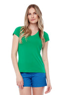 Model wearing the Marilyn V-Neck T-Shirt in Emerald, front view