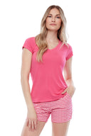 Model wearing the Marilyn V-Neck T-Shirt in Fuchsia , front view