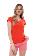 Model wearing the Marilyn V-Neck T-Shirt in Papaya, front view