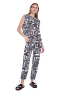 Roxette Black + White Labyrinth Print Vegan Silk Jogger Pant - Front View