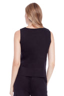 Model wearing the Lila Linen Sleeveless Top in Black, back view.