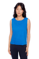 Model wearing the Lila Linen Sleeveless Top in lapis Blue, front view.