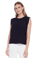 Maylee Solid Vegan Silk Sleeveless Top in Black – Front View