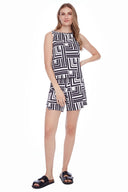 Gianna Black + White Labyrinth Print  Vegan Silk Tank - Front View
