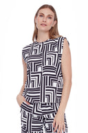Maylee Black + White Labyrinth Print Vegan Silk Sleeveless Top – Front View