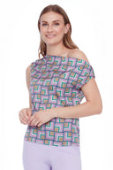 Lily lavender Mirror Print Satin Asymmetric Top – Front View