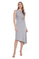 Roxy Solid Asymmetric Satin Dress in Silver – Front View