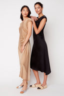 Roxy Solid Asymmetric Satin Dress in Champagne and Black – Side Views