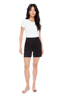 Model wearing the Isla Linen Short in Black, front view