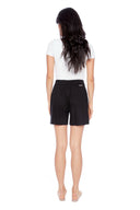 Model wearing the Isla Linen Short in Black, back view