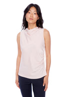 Model wearing the Veronica Belize Satin Sleeveless Top in Pink, featuring a high neckline and sleek satin finish, front view.