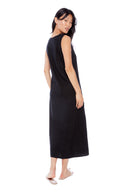 Model wearing the Charlie Black Linen Cutout Maxi Dress, back view.
